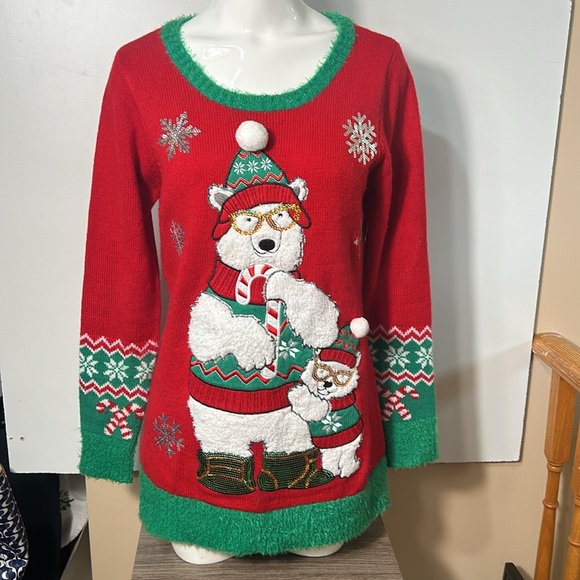 99 JANE STREET WOMEN UGLY CHRISTMAS SWEATER TUNIC POLAR BEAR SNOW FLAKES SIZE M - Picture 3 of 9
